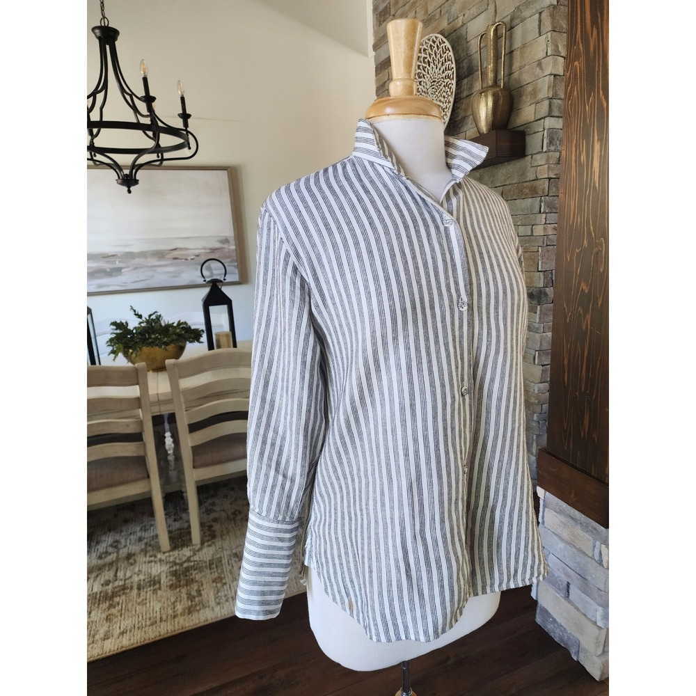 FRAME Linen Cotton Ticking Stripe Button Down Shirt Off White Multi XS Career